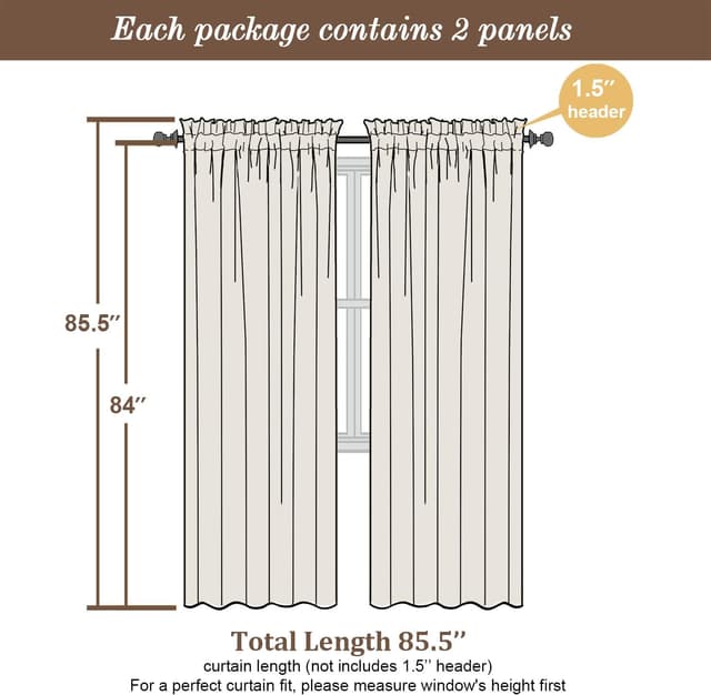 Detalle 2 de Chyhomenyc Black Faux Linen Light Filtering Curtains, 84 Inches Long (2 Panels)