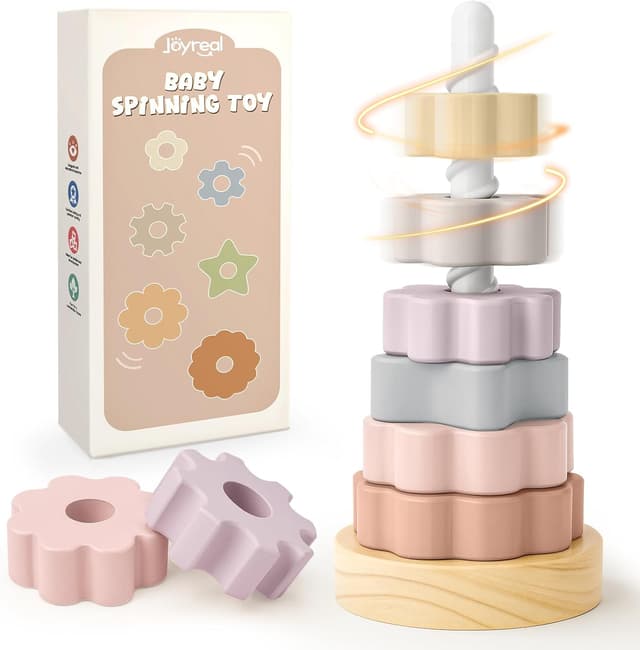 Detalle de Joyreal Wooden Spinning Stacking Tower Toys – Rainbow Ring Stacker (Montessori-inspired cause & effect toy)