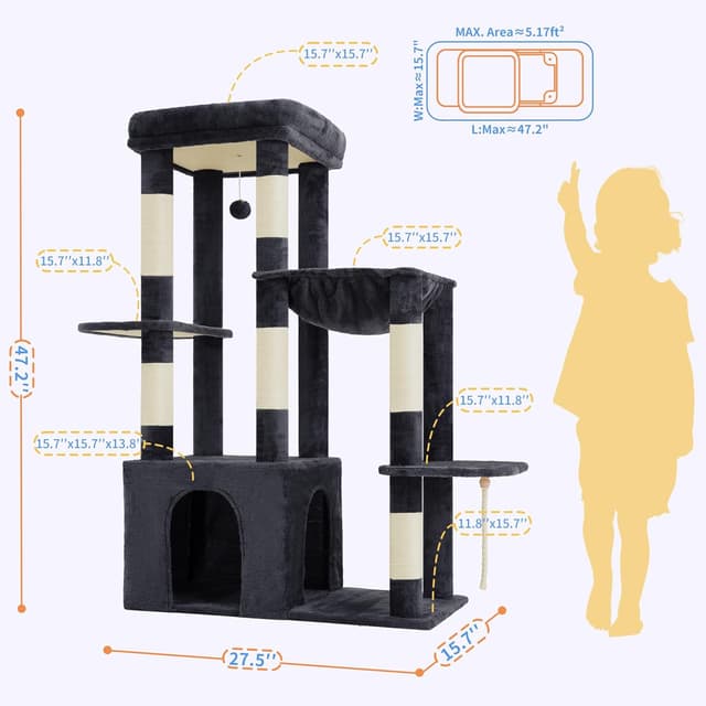 Detalle 2 de Heybly Kratzbaum 120 cm mit XL-Basis, XL-Top-Plattform, 6 Sisal-Kratzsäulen und Hängematte (Rauchgrau, HCT026G)