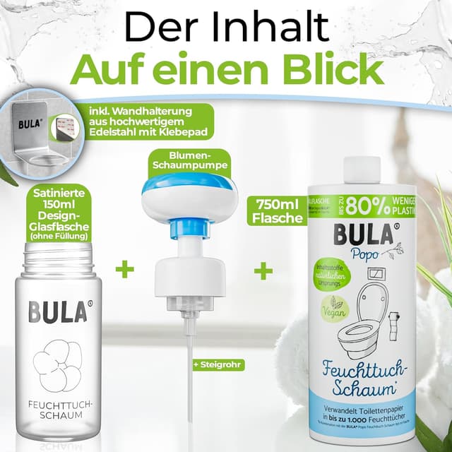 Detalle de BULA Popo Öko Glas Bundle – Feuchttuch-Schaum Starterset mit Glasflasche & Nachfüll-Flasche