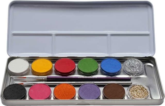 Detalle de Eulenspiegel 212202 - Trucco professionale Acqua: palette in metallo con 10 colori, glitter e 2 pennelli