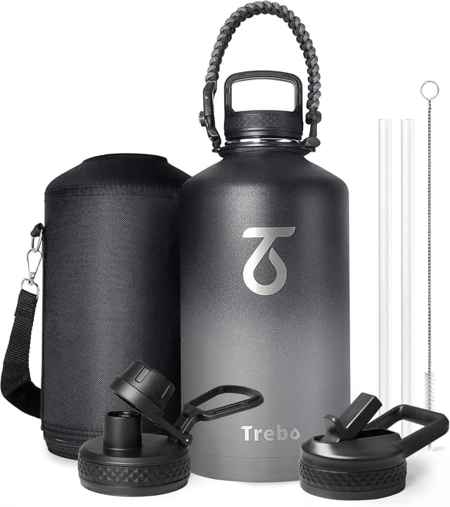 Detalle de Trebo One Gallon Insulated Water Bottle (128oz) with Paracord Handle, Double-Wall Stainless Steel, Leakproof Lids