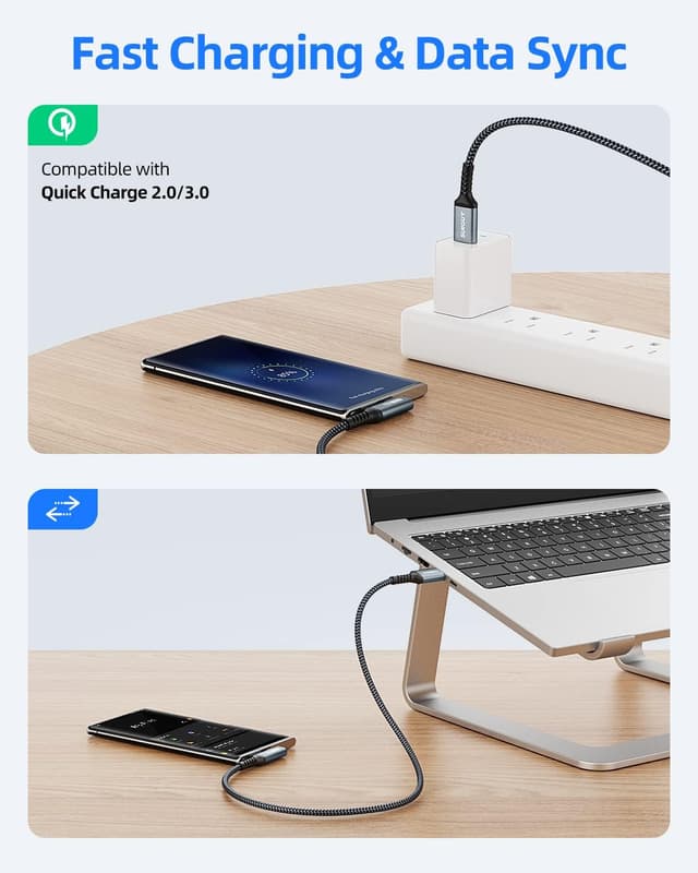 Detalle de SUNGUY USB‑C Kabel Winkel 0,5 m (USB 3.1 Gen 2, bis 10 Gbit/s) – 90° Stecker für Laden & Daten