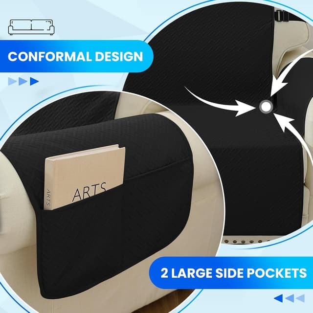 Detalle de CYCMACO copridivano impermeabile 3 posti nero, antiscivolo con tasche laterali e braccioli