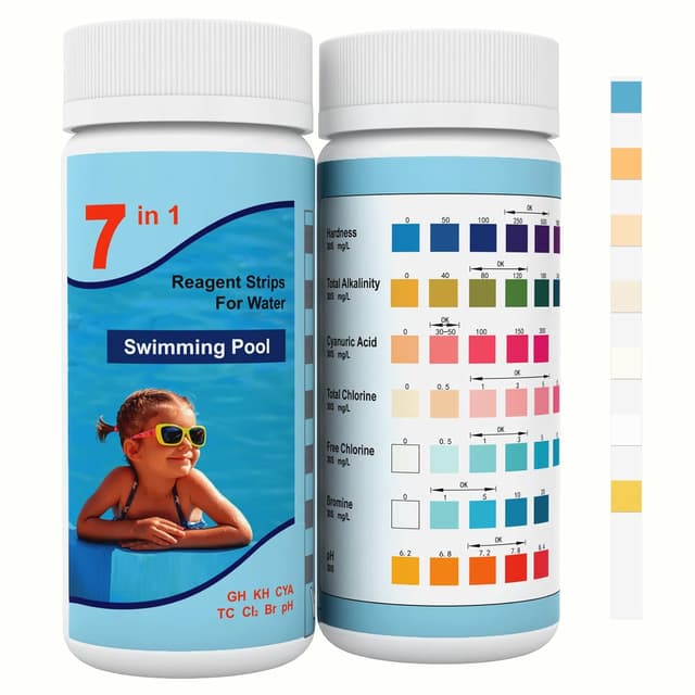 Detalle de Joyzakzak 7-in-1 Pool-Teststreifen: pH & Chlor/Cyanursäure für Pool und Whirlpool (100 Stäbchen)