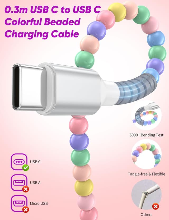 Detalle de USB-C to USB-C Charger Cable 30cm (Beaded PD) – 60W fast charging & data transfer