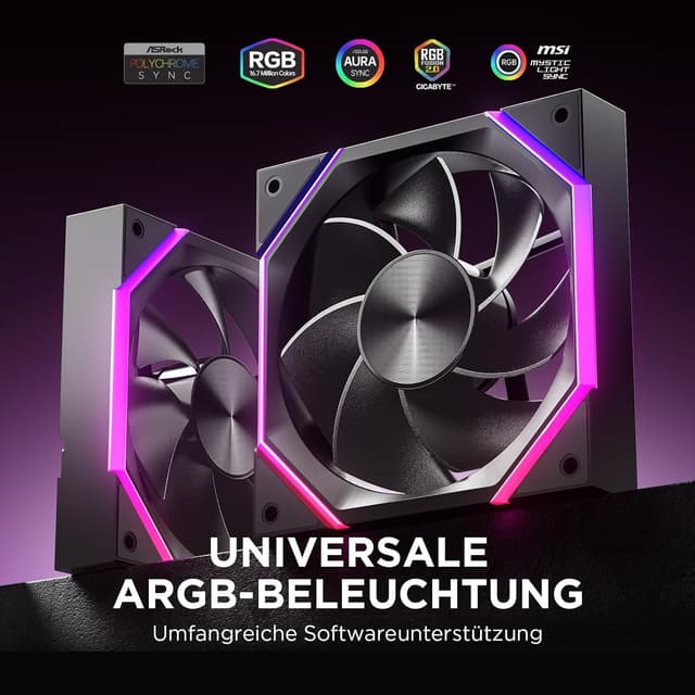 Detalle de AsiaHorse Nyota RGB Reverse Gehäuselüfter 120 mm (3er-Set) – 5V 3-Pin ARGB & 12V 4-Pin PWM