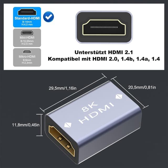 Detalle de VCELINK HDMI Kupplung 8K (HDMI Buchse auf Buchse) – 8K@60Hz, 4K@120Hz, HDR, eARC