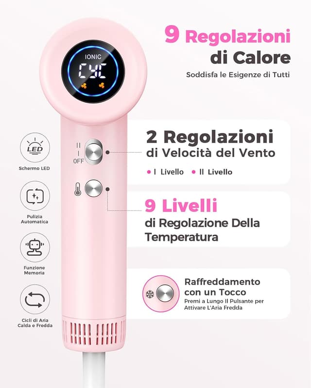 Detalle de Haokoo Phon Capelli Alta Velocità 160.000 RPM con Ioni, 9 Temperature e Display LED (365 g) – per casa e viaggio