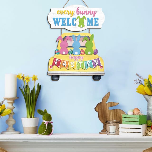 Detalle 2 de HPNIUB Happy Easter Rabbit Welcome hanging front door sign (wood plaque with rope)