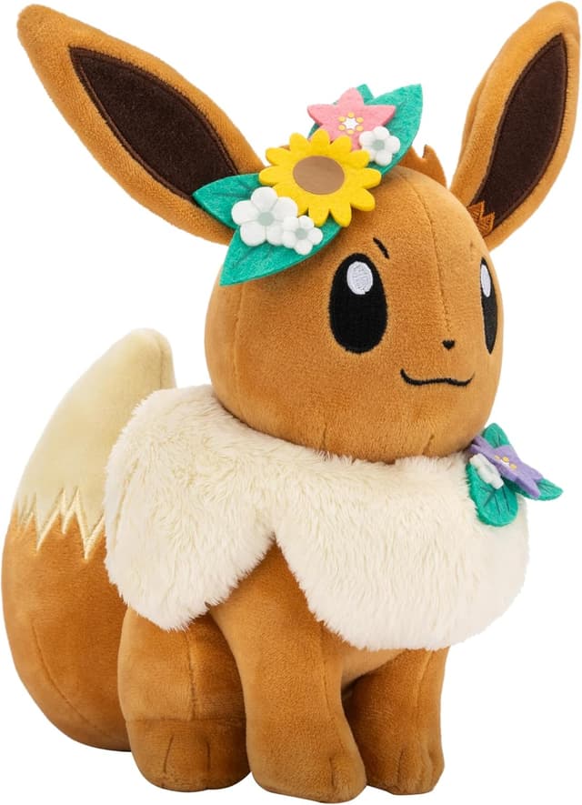 Detalle 1 de Peluche ufficiale Pokémon Evoli con corona floreale da 20 cm (PKW3667)