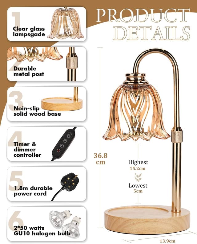 Detalle de Vintage Flower Candle Warmer Lamp with Timer & Dimmer (Height Adjustable, 2 Bulbs) for Yankee Candles