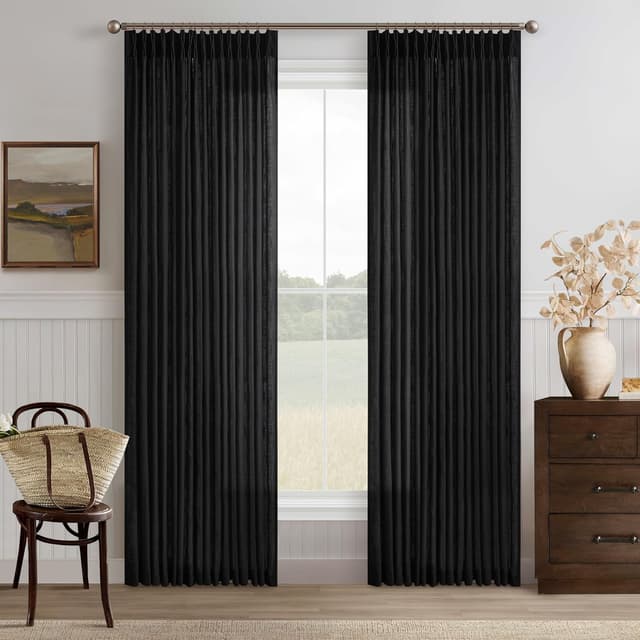 Detalle de Black Pinch Pleated Linen Curtains, 105 Inches Long (2 Panels Set) with Memory-Shaped Pleats