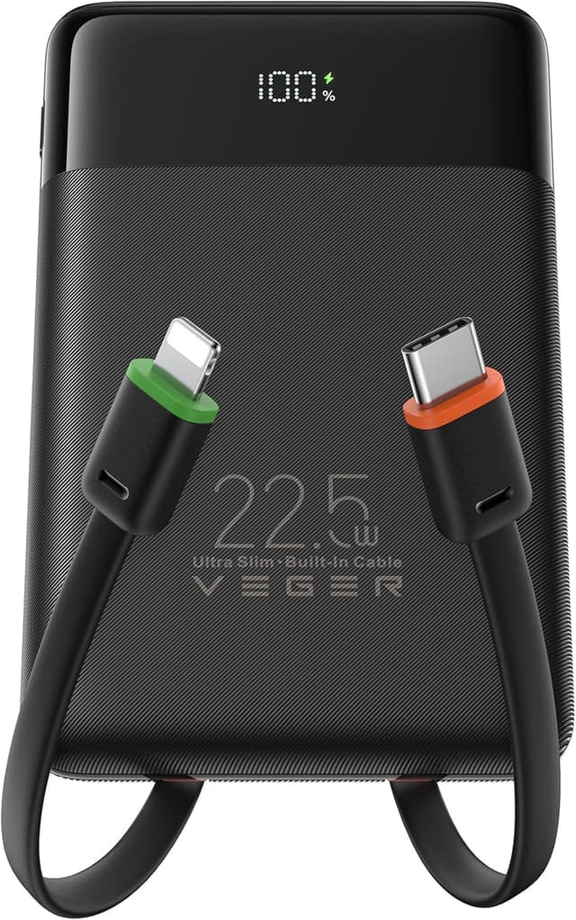 Detalle de VEGER Power Bank 10000 mAh con cavi integrati e ricarica rapida 22,5W (4 uscite, display LED)