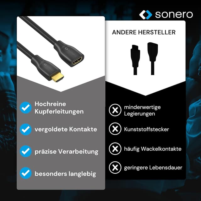 Detalle 1 de Sonero® 4K HDMI Verlängerungskabel (Premium High Speed) – HDMI Stecker auf HDMI Buchse, vergoldete Kontakte, 1 m