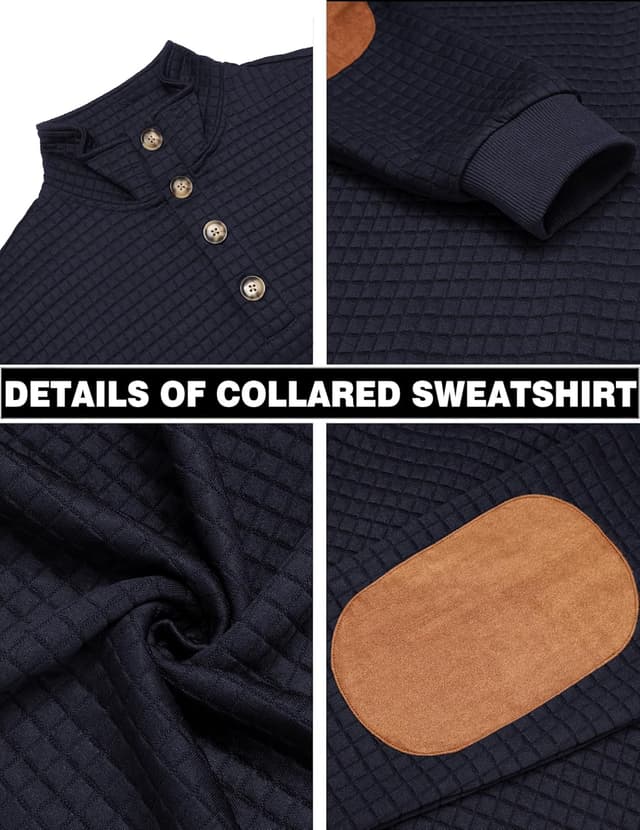 Detalle de COOFANDY Winter Sweatshirt für Herren mit Waffel-Struktur, Kragen mit Knöpfen und langem Arm