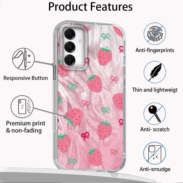 Detalle de Tedyhulle Hülle für Samsung Galaxy A15 4G/5G mit rosa Erdbeer-Schleife – dünne TPU/PC Schutzhülle