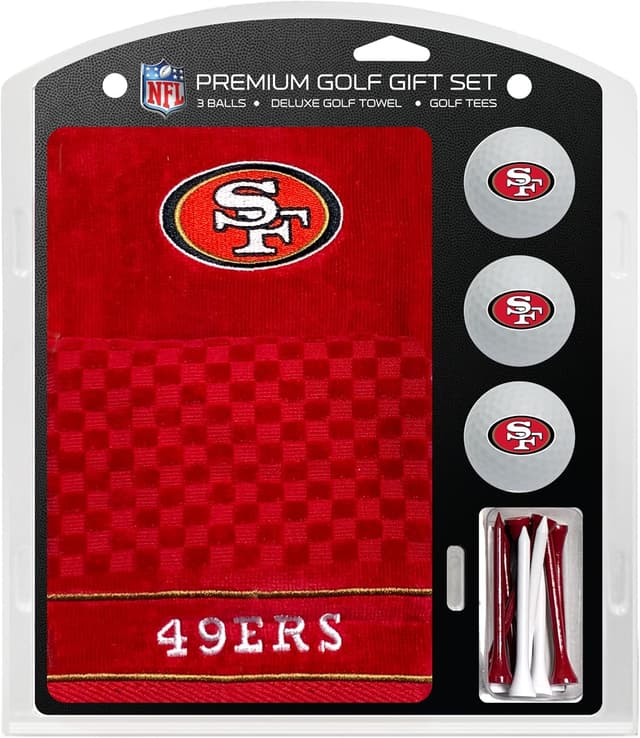 Detalle de Team Golf NFL San Francisco 49ers Gift Set with Embroidered Towel, 3 Golf Balls & 14 Regulation Tees (2-3/4")