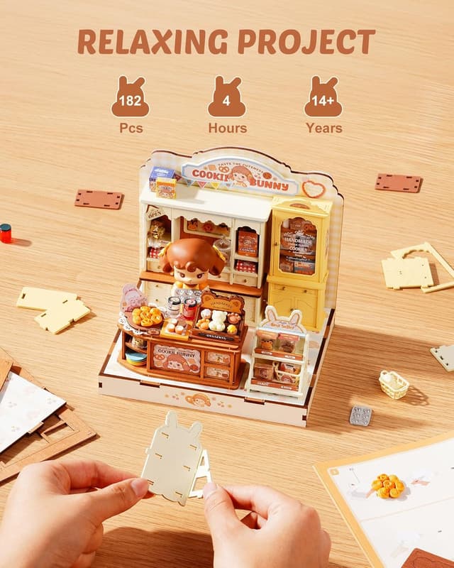 Detalle de Rolife Maison Miniature Cookii Lapin’s Boutique de Cookies (182 pièces) puzzle 3D en bois sans colle