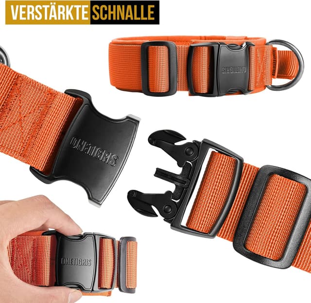 Detalle 2 de OneTigris Hundehalsband mit Metallschnalle (Orange, Größe M) – gepolstertes Nylon mit D-Ring