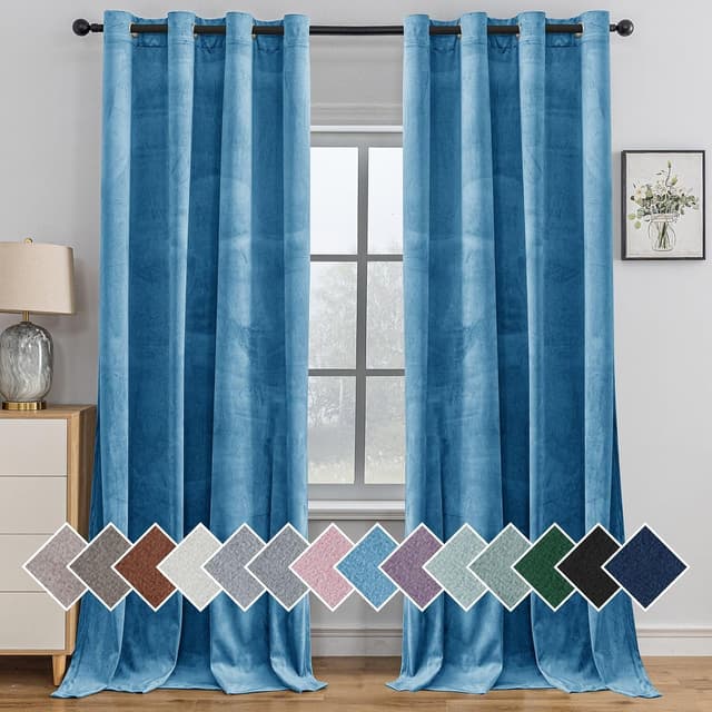 Detalle de Ystyle Rideau occultant en velours (lot de 2) 140 x 180 cm pour salon, isolation thermique et anti-bruit – Bleu