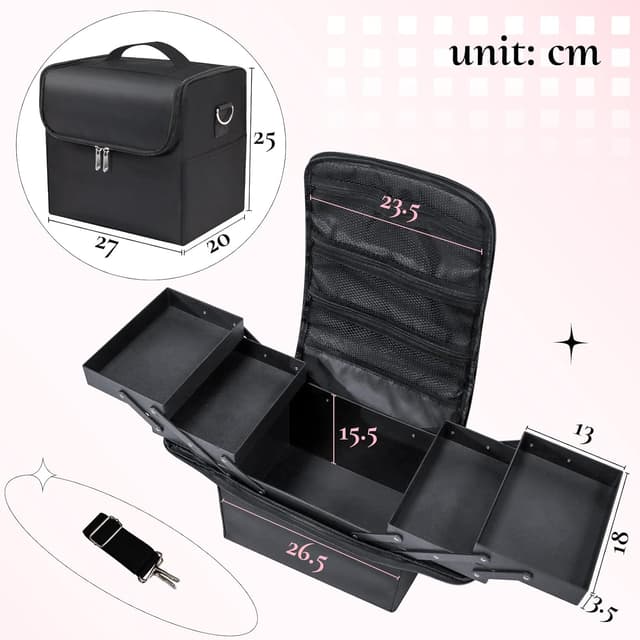 Detalle de Feibrand Large Makeup Organiser Box Vanity Case – Black travel make up bag with 2 layers, 4 expandable trays