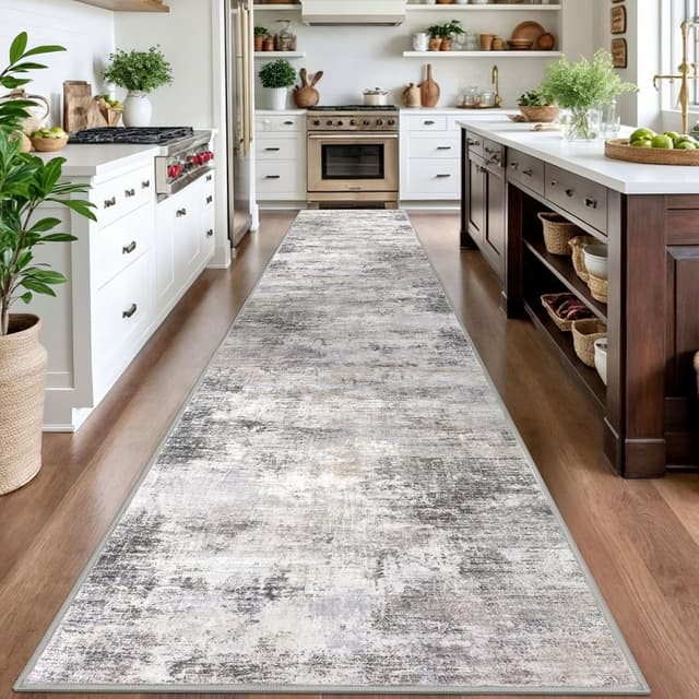 Detalle de IOHOUZE Abstract Runner Rug (3' x 16') — Washable Non-Slip Hallway & Entryway Runner in Grey/Beige
