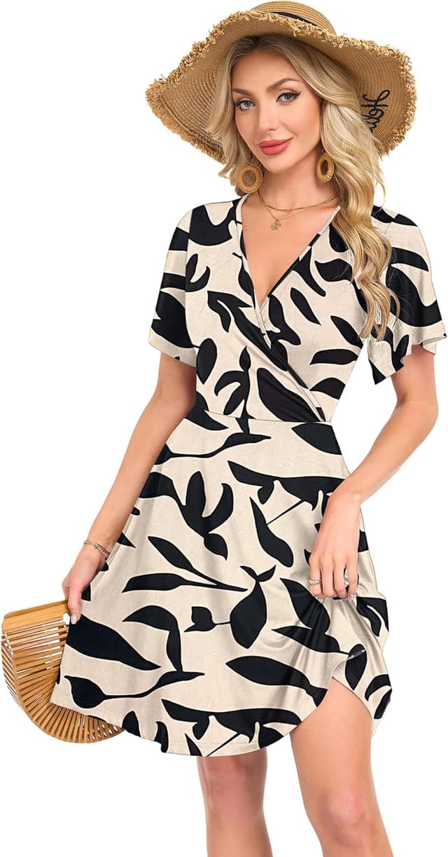 Detalle de AUSELILY Summer Wrap Dress for Women with Ruffle Short Sleeves, V Neck & Floral Cross-Front