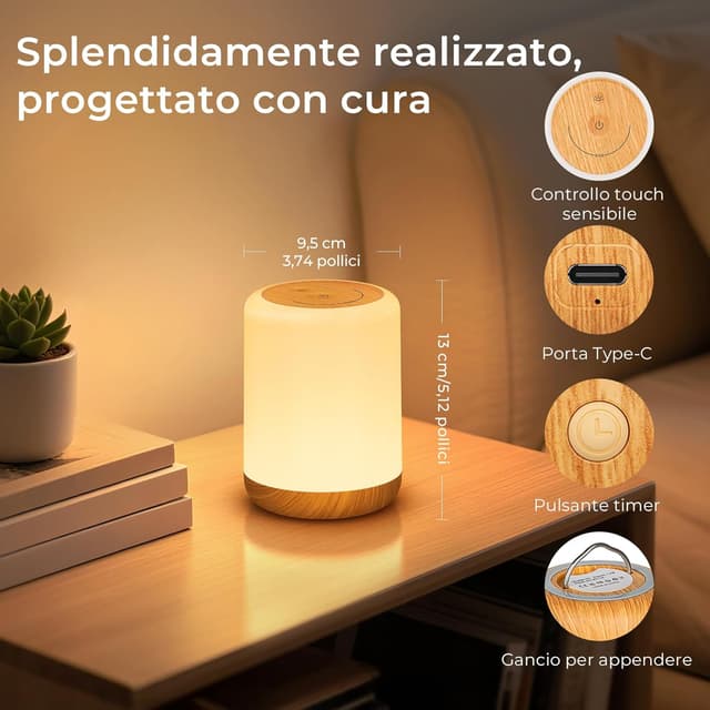 Detalle 2 de VIWAVE Lampada da comodino LED touch ricaricabile senza fili con 256 colori RGB e timer