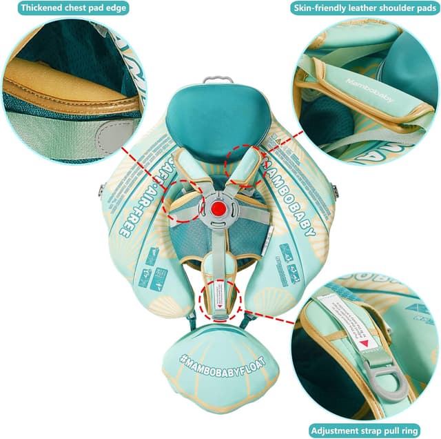 Detalle de Mambobaby Float Add Tail Baby Swim Float with Canopy (Solid Pool Infant Trainer, Non-Inflatable Waist Ring) — Shell Green