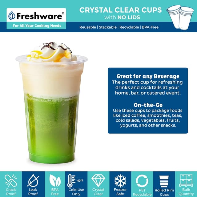 Detalle 2 de Freshware Clear Plastic Cups (100 Pack, 20 oz) – PET Disposable Tumblers for Iced Coffee, Smoothies & Cold Drinks