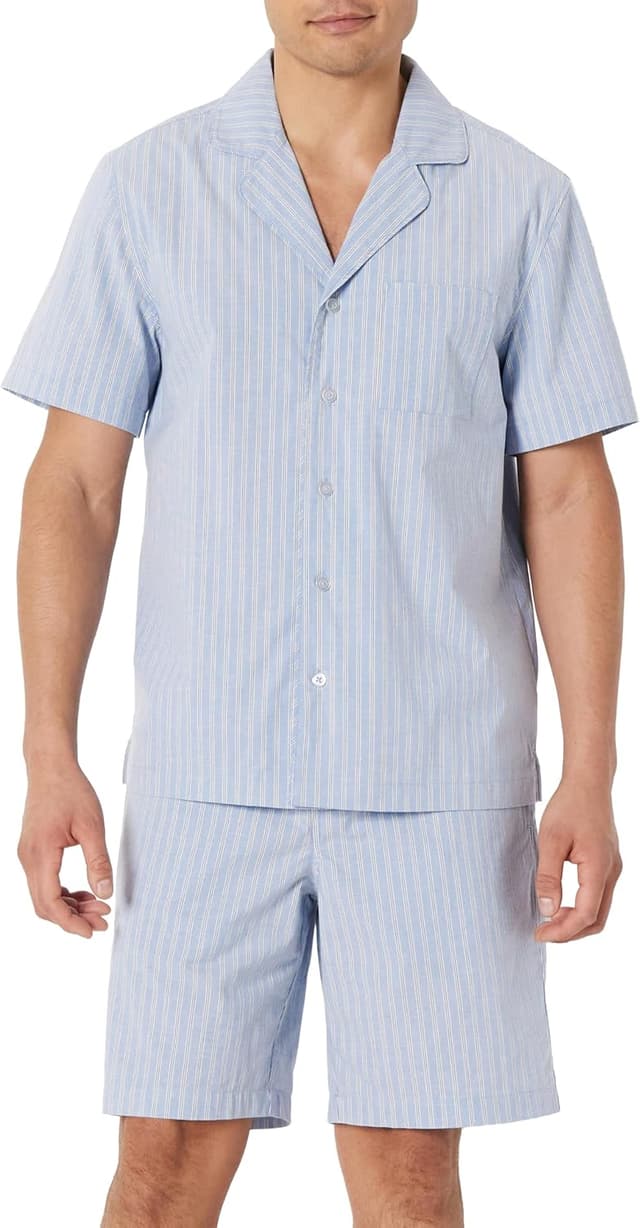 Detalle de Amazon Essentials Herren-Schlafanzug-Set aus Baumwoll-Popeline mit Kurzarmhemd und Shorts