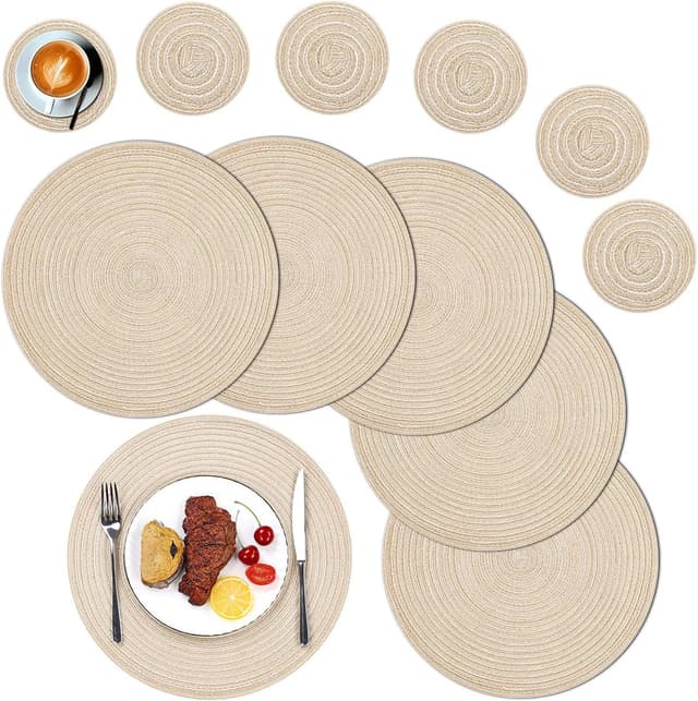Detalle de SHACOS round braided placemats and coasters set of 6 (beige) – washable heat-resistant table mats