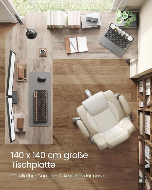 Detalle de VASAGLE L-förmiger Schreibtisch (140 x 140 x 76 cm) für die Ecke – platzsparender Eck- & Gaming-Tisch Greige meliert-tintenschwarz