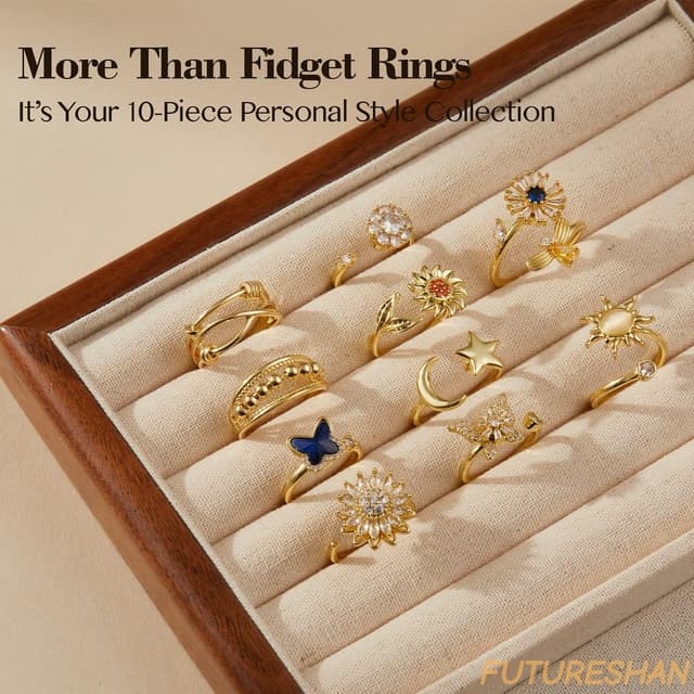 Detalle de 10Pcs Fidget Anxiety Rings (Adjustable Spinner Rings) — Moon, Sun, Butterfly, Galaxy & More CZ Stress Relief