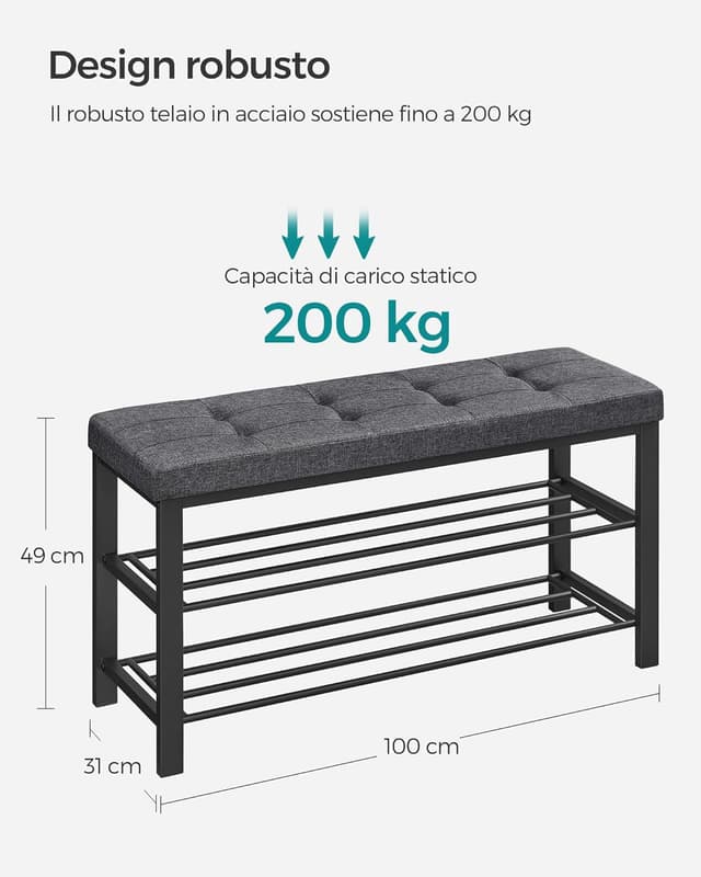 Detalle de SONGMICS Panca scarpiera con sedile imbottito e scaffale a 3 ripiani LBS579B01 (grigio scuro e nero)