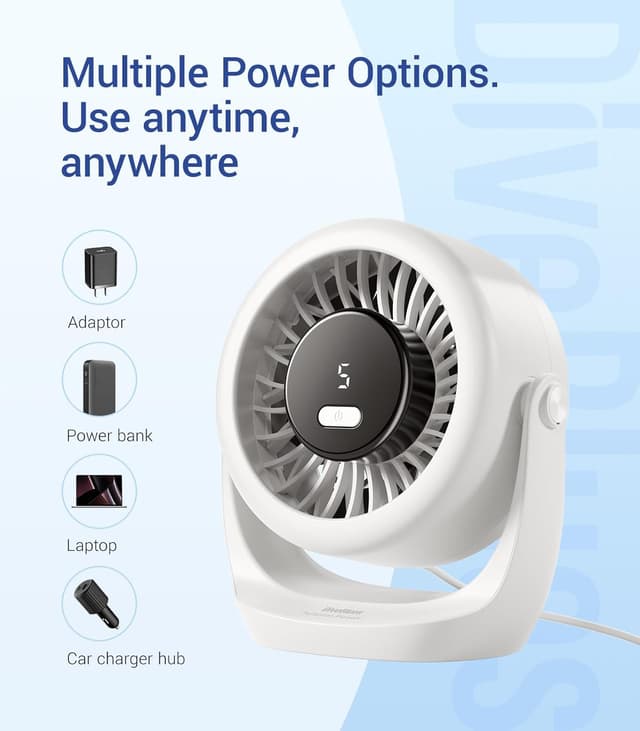 Detalle 2 de Diveblues TurboBreeze Portable Turbo Desk Fan (5”) – USB-powered with 5 speeds, LED display & 360° tilt