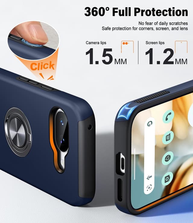 Detalle de AOUIA case for Google Pixel 9A (6.3) in Midnight Blue with 2-pack screen protectors and 360° rotating metal ring stand