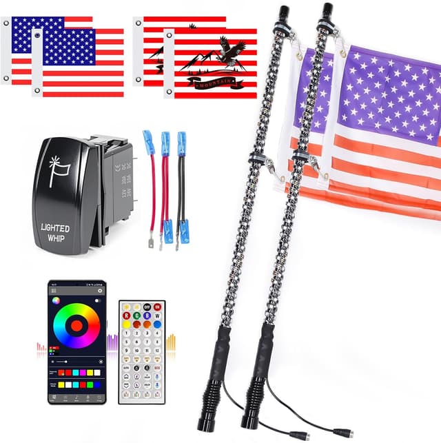 Detalle de UNI-SHINE 2PCS 3FT LED Whip Lights w/ Spring Base, APP & RF Remote Control (RGB Chasing) for 12V UTV/ATV/RZR