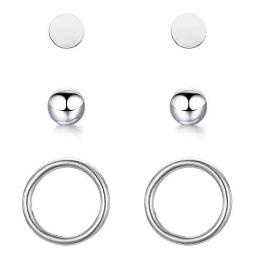 Detalle de BONNYBIRD BonnyClassic: set de pendientes pequeños para mujer en plata (acero quirúrgico, hipoalergénicos) con 3 pares