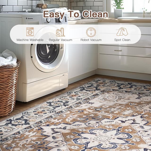 Thumbnail 6 de Lofus 8x10 Washable Vintage Boho Area Rug (Low Pile, Non-Slip) — Floral Brown