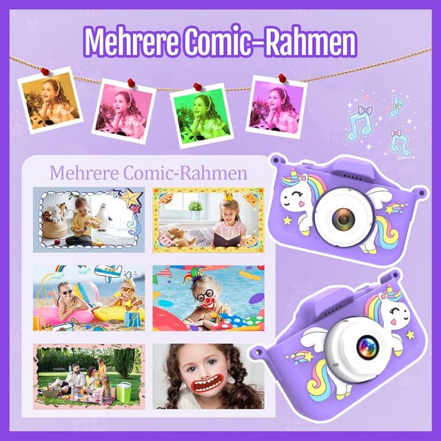 Detalle de Kinderkamera mit 32-GB-Speicherkarte, 1080P HD und Einhorn-Silikonhülle – Selfie-Kamera für Mädchen & Jungen ab 3 Jahren