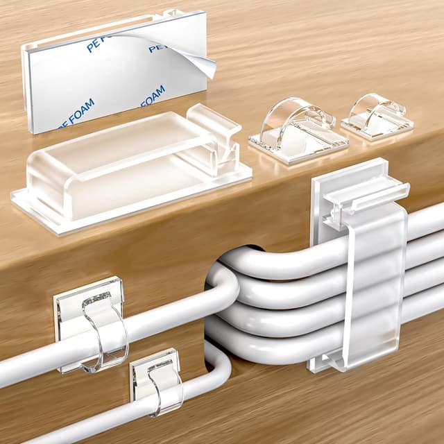 Detalle de Kimsky Kabelhalter Set (100 Stück) mit selbstklebenden Kabelclips in transparent – 3 Größen für Heim & Büro