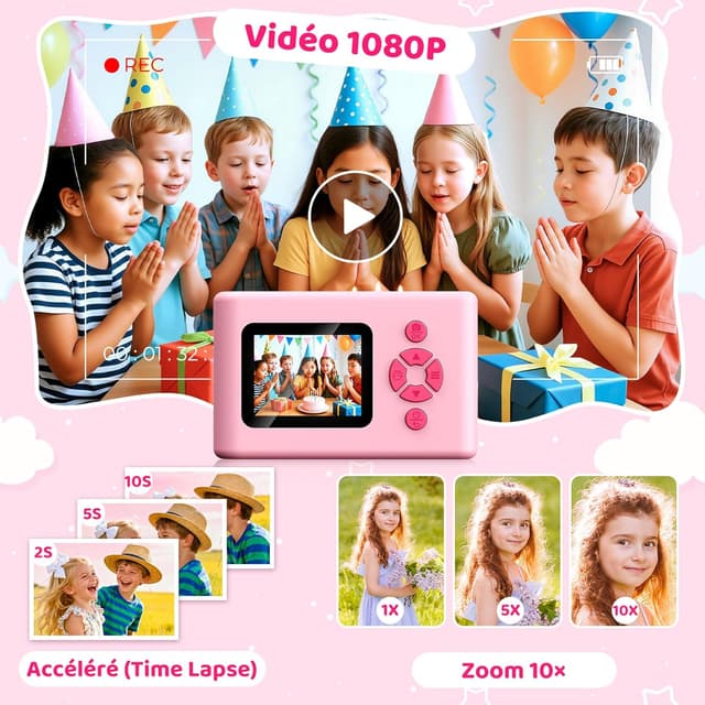 Detalle de CHAKEYAKE Appareil photo instantané enfant 20MP, écran 2,4 pouces et impression couleur (rose)