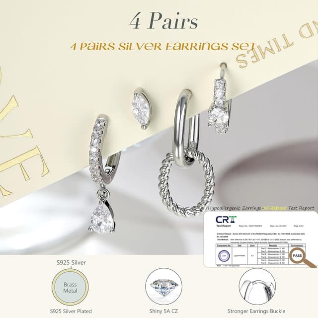 Detalle de Roheafer 4 Paar Gold-Ohrringe Set für Damen (14K vergoldet) – kleine Ohrstecker, Creolen & Helix-Piercings