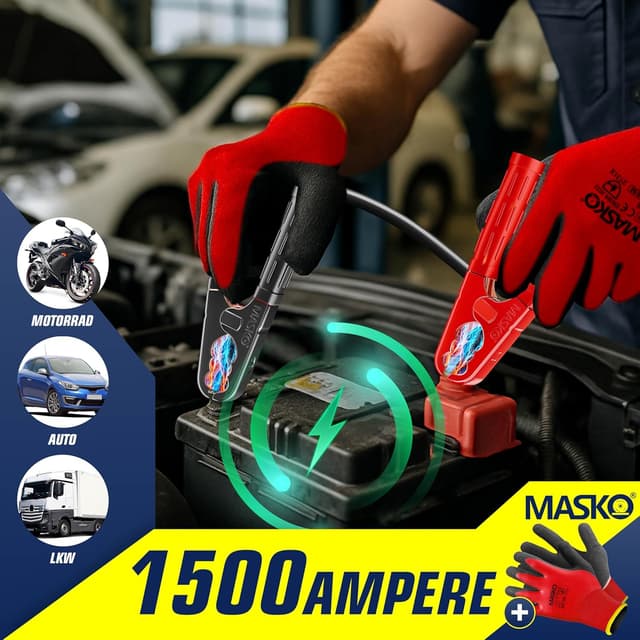 Detalle 2 de MASKO Starthilfekabel 12/24 V mit 4 vollisolierten Polzangen, Kupferkabel, 2×6 m (30 mm²) & 1500 A – für Auto, Motorrad & LKW