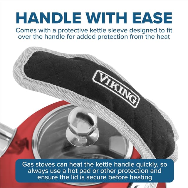 Detalle de Viking 3-Ply Stainless Steel Tea Kettle, 2.6 Quart Whistling Stovetop Pot with Tempered Glass Lid (Red)