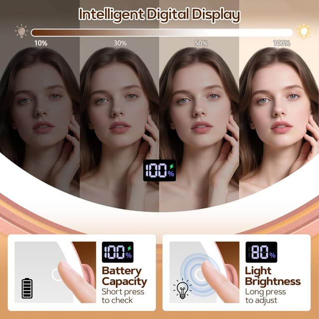 Detalle de B Beauty Planet Magnifying Mirror with Light 30X/1X (Double Sided, Rose Gold) with 3 Light Modes, Adjustable Height & 360° Rotation