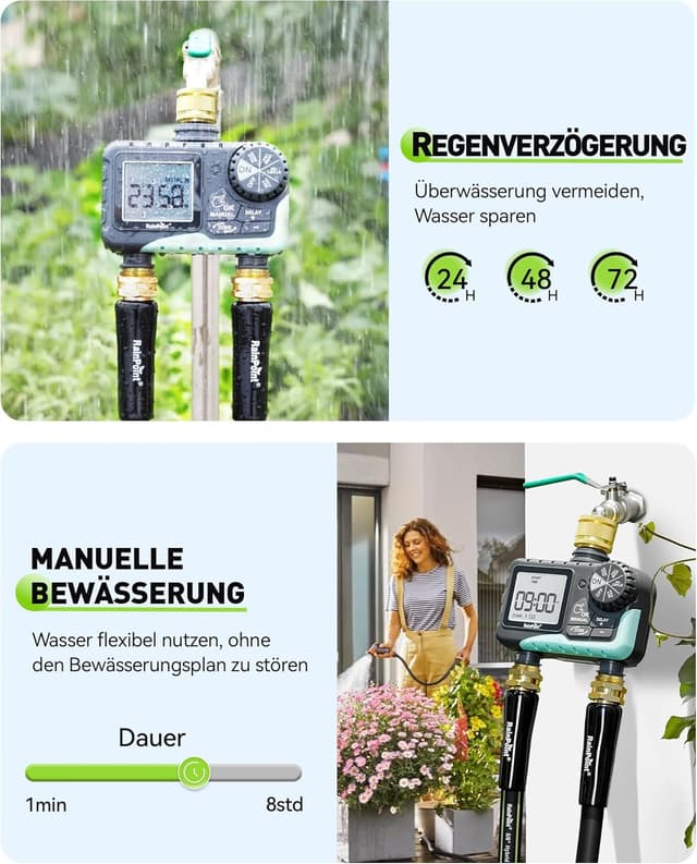 Detalle 2 de RAINPOINT Centralina irrigazione 2 vie con ingresso e uscita in ottone e timer automatico IP65