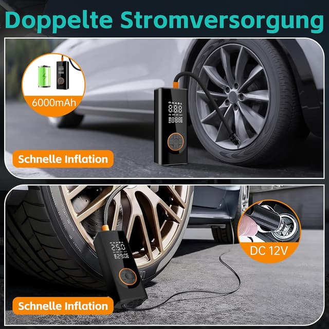 Detalle de Wirelume kabellose elektrische Luftpumpe 150 PSI (6000 mAh) für Fahrrad & Auto – mit LED-Licht und Auto-Stopp